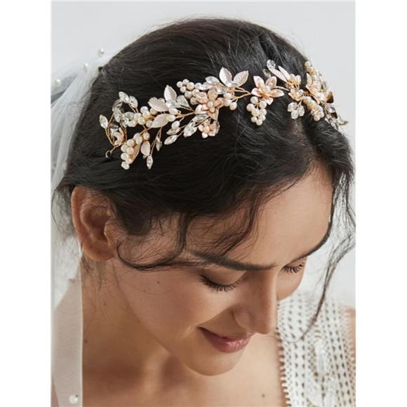Handmade Rhinestone Wedding Headband Flower-Leaf Bridal Headpieces for Wedding